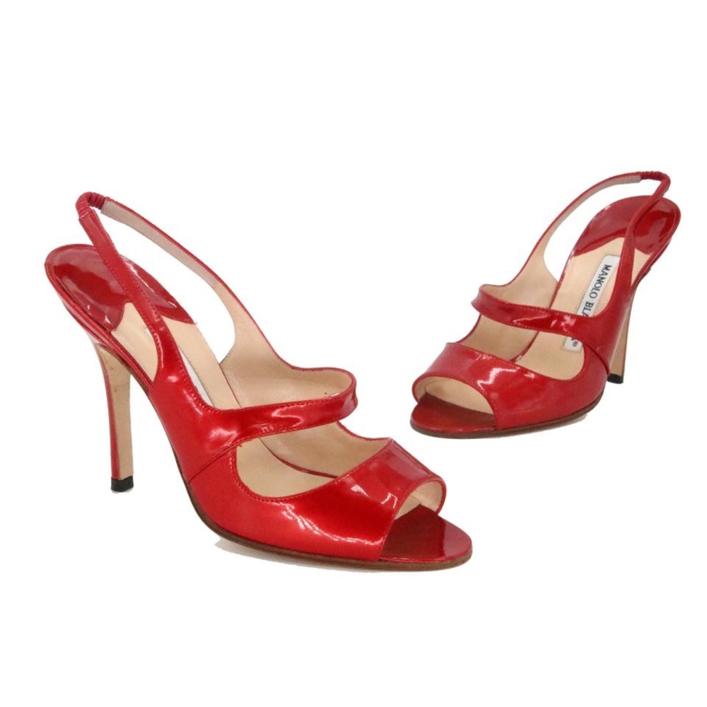 Manolo Blahnik Red Patent Leather Open Toe Pumps